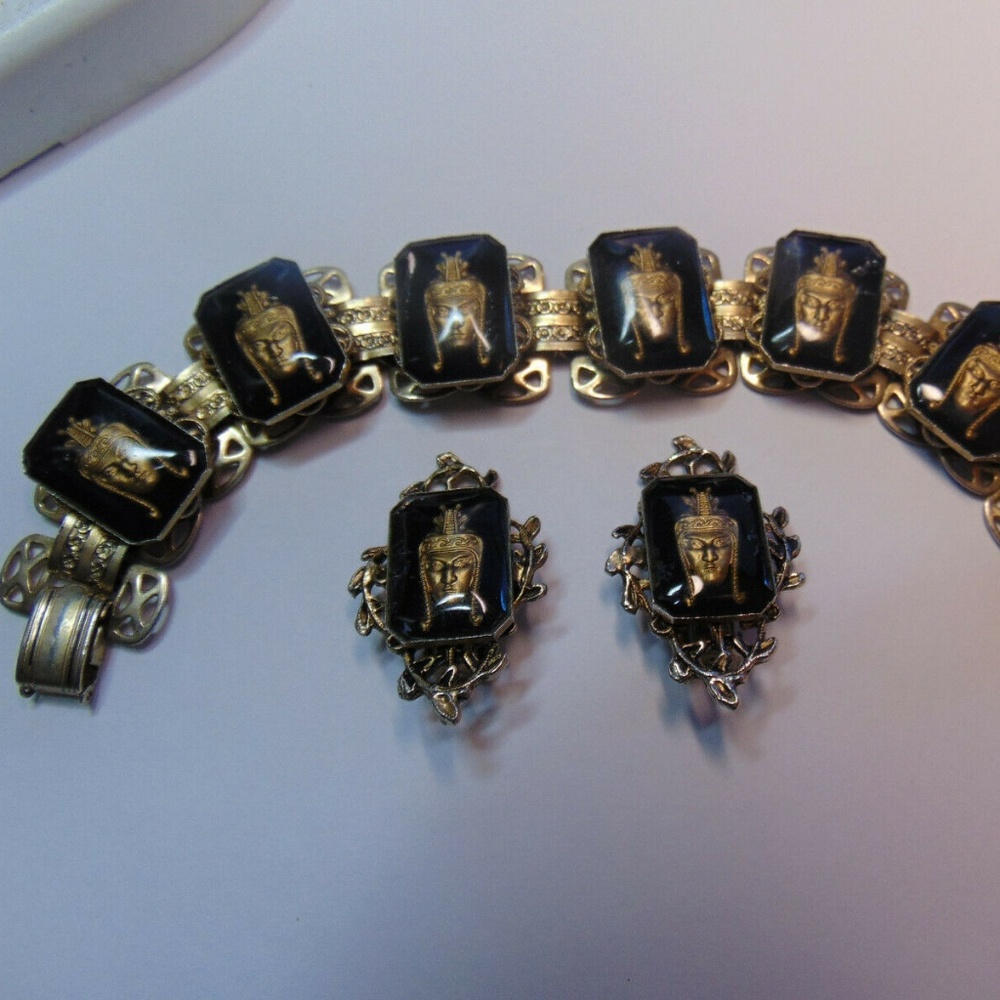 Vintage 80s Egyptian Revival Bracelet and Earrings